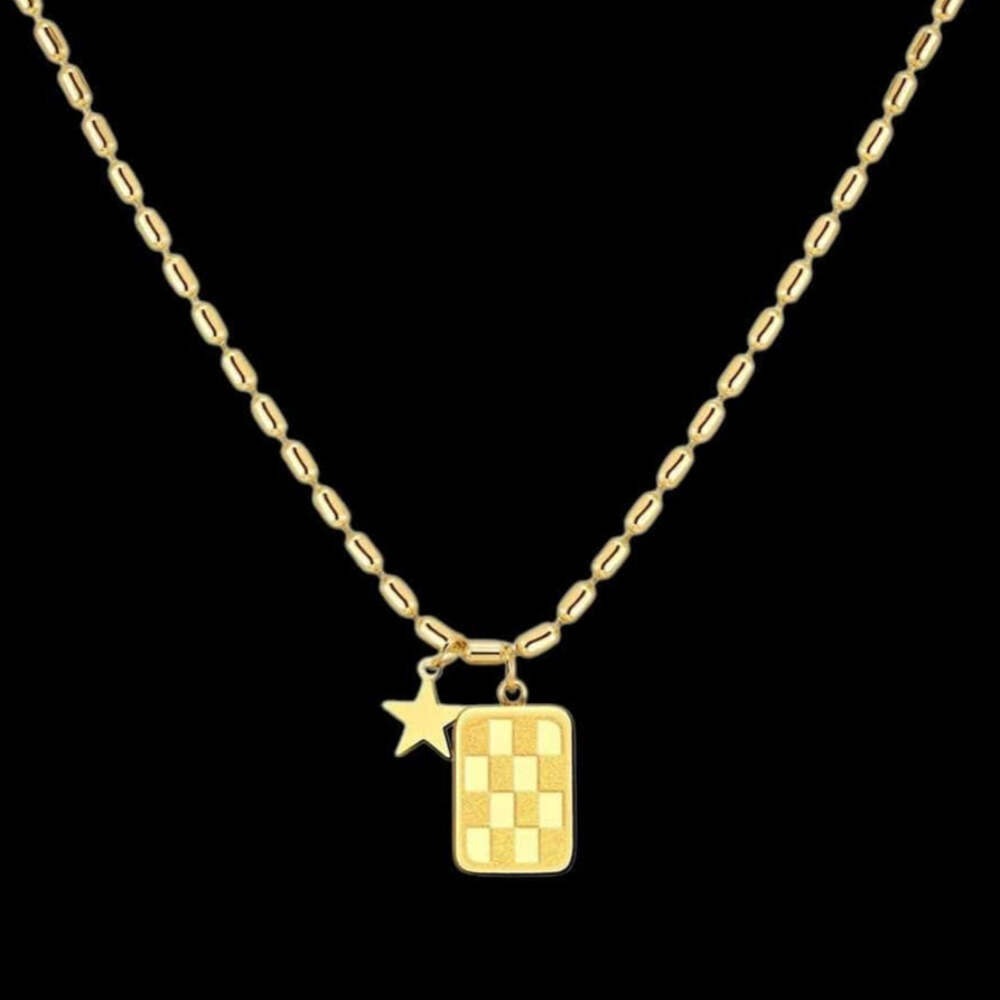 Gold Checker Charm Necklace – Paperclip Chain with Star Pendant, Trendy Jewelry